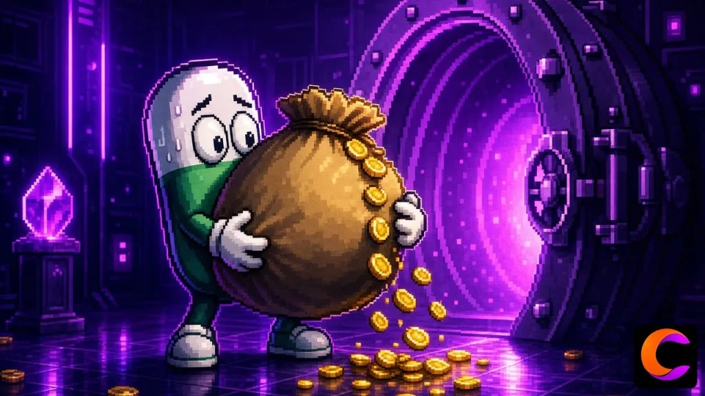 PUMP Token unlock scene with pixel mascot holding a giant $118M sack while vault door opens