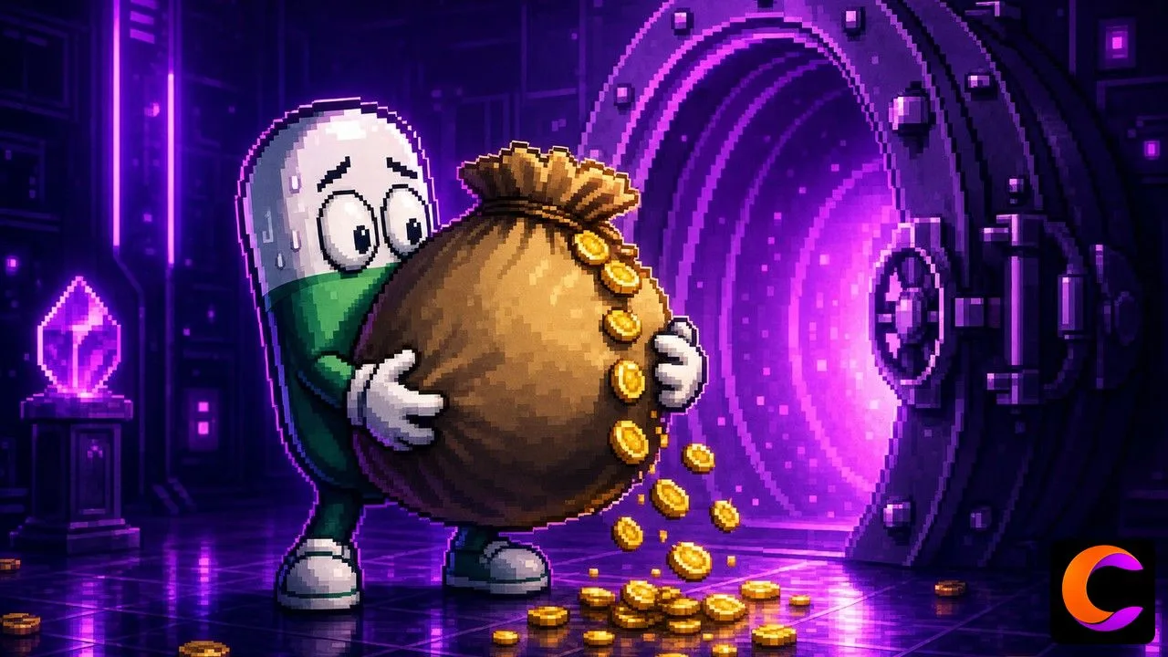 PUMP Token unlock scene with pixel mascot holding a giant $118M sack while vault door opens